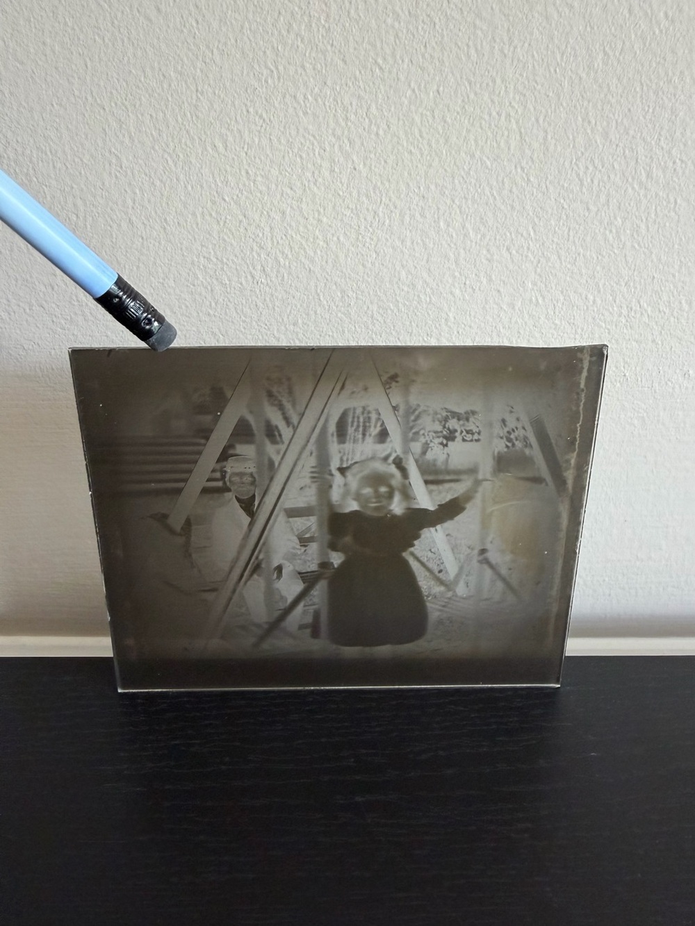 Antique Glass Plate Negative Boy Girl Children Wooden Structure 1800s/1900s